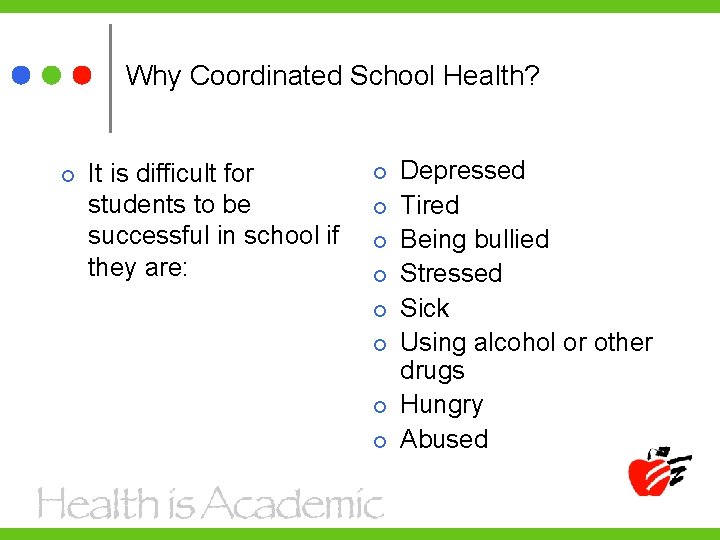 Why Coordinated School Health? It is difficult for students to be successful in school