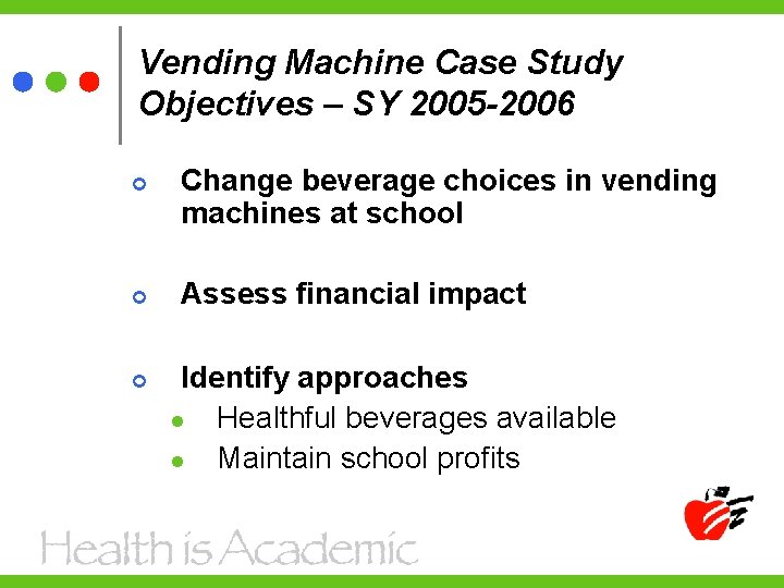 Vending Machine Case Study Objectives – SY 2005 -2006 Change beverage choices in vending