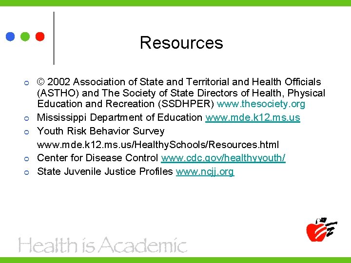 Resources © 2002 Association of State and Territorial and Health Officials (ASTHO) and The