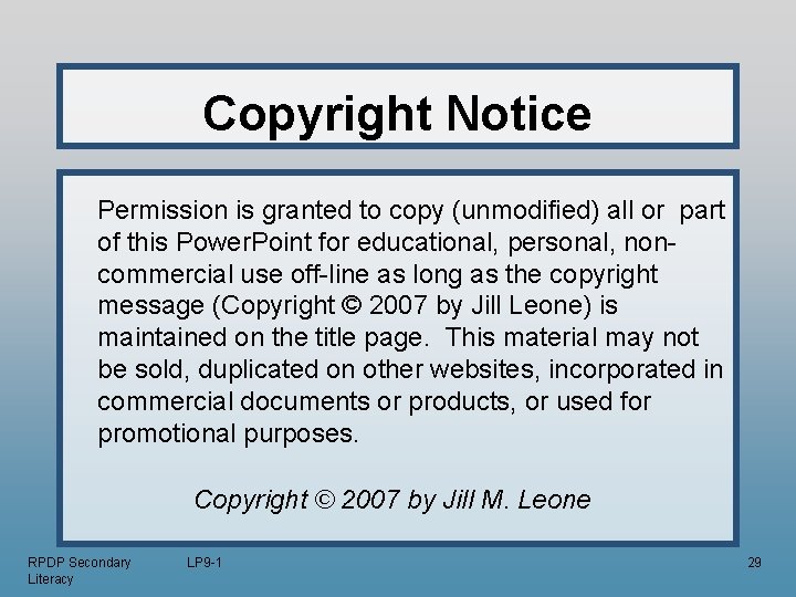 Copyright Notice Permission is granted to copy (unmodified) all or part of this Power.