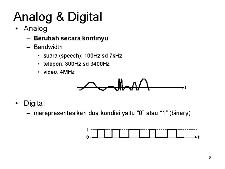 Analog & Digital • Analog – Berubah secara kontinyu – Bandwidth • suara (speech):