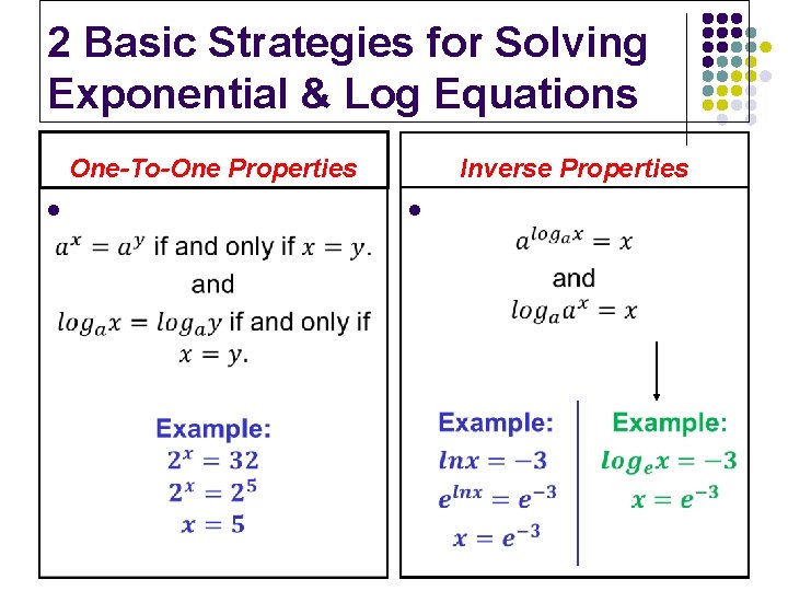 2 Basic Strategies for Solving Exponential & Log Equations One-To-One Properties l Inverse Properties