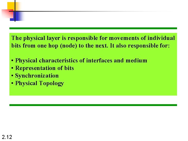 The physical layer is responsible for movements of individual bits from one hop (node)