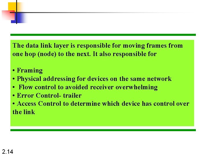 The data link layer is responsible for moving frames from one hop (node) to