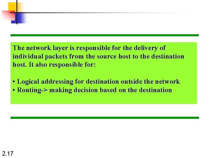 The network layer is responsible for the delivery of individual packets from the source