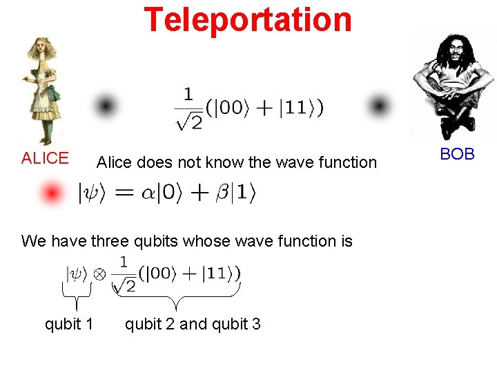 Teleportation ALICE Alice does not know the wave function We have three qubits whose