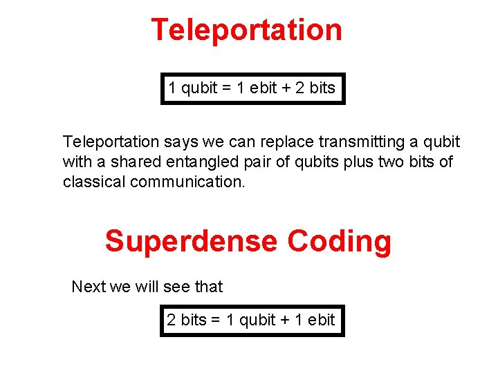 Teleportation 1 qubit = 1 ebit + 2 bits Teleportation says we can replace