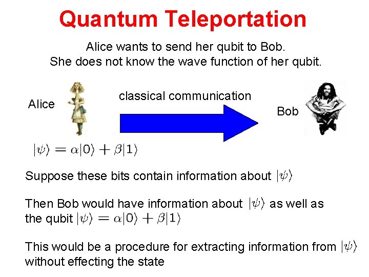 Quantum Teleportation Alice wants to send her qubit to Bob. She does not know