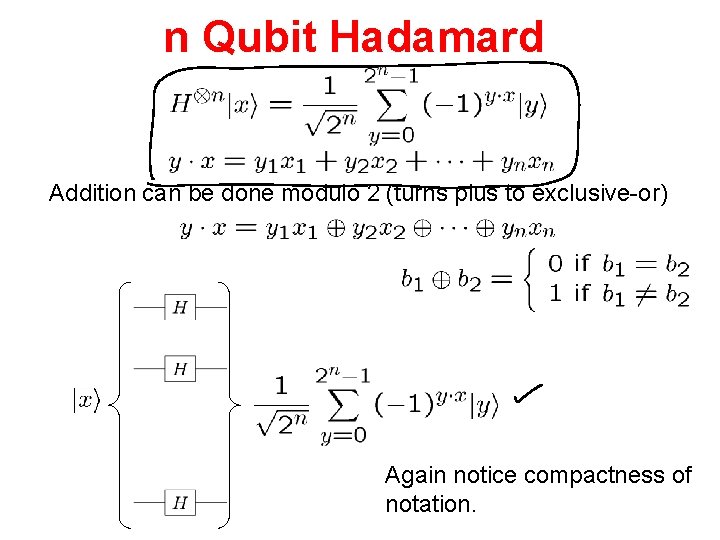 n Qubit Hadamard Addition can be done modulo 2 (turns plus to exclusive-or) Again