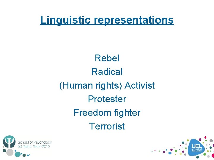 Linguistic representations Rebel Radical (Human rights) Activist Protester Freedom fighter Terrorist 