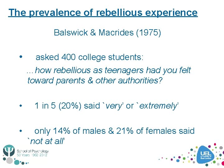 The prevalence of rebellious experience Balswick & Macrides (1975) • asked 400 college students: