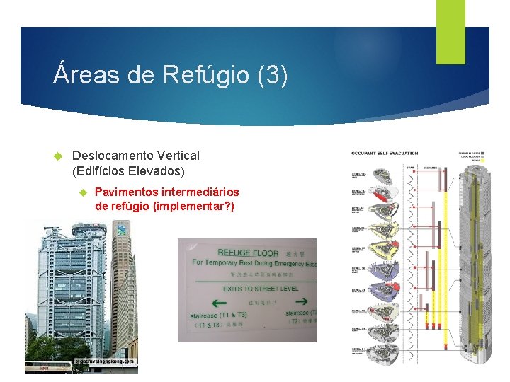Áreas de Refúgio (3) Deslocamento Vertical (Edifícios Elevados) Pavimentos intermediários de refúgio (implementar? )