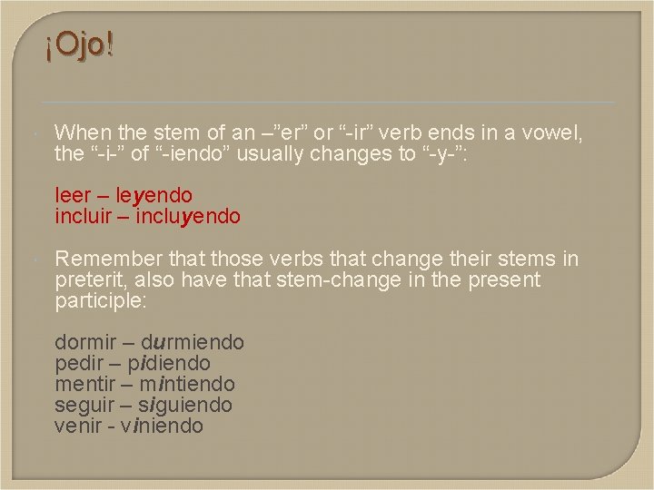 ¡Ojo! When the stem of an –”er” or “-ir” verb ends in a vowel,