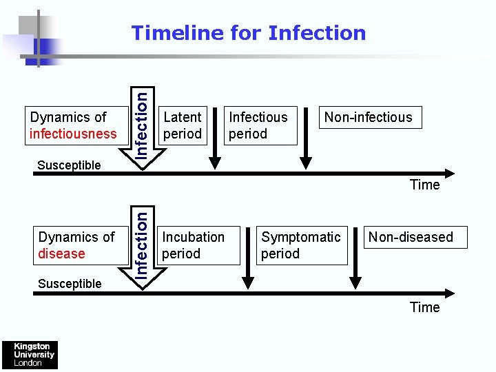 Dynamics of infectiousness Susceptible Infection Timeline for Infection Latent period Infectious period Non-infectious Dynamics