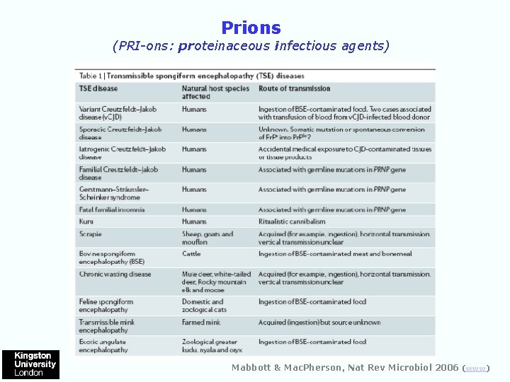 Prions (PRI-ons: proteinaceous infectious agents) Mabbott & Mac. Pherson, Nat Rev Microbiol 2006 (www)