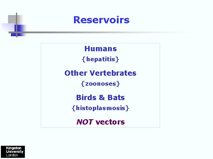 Reservoirs Humans {hepatitis} Other Vertebrates {zoonoses} Birds & Bats {histoplasmosis} NOT vectors 