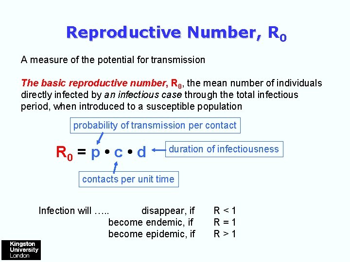 Reproductive Number, R 0 A measure of the potential for transmission The basic reproductive