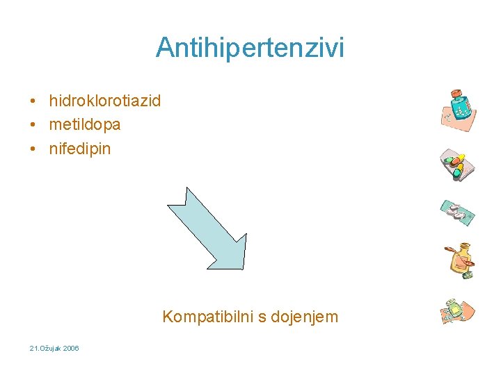 Antihipertenzivi • hidroklorotiazid • metildopa • nifedipin Kompatibilni s dojenjem 21. Ožujak 2006 