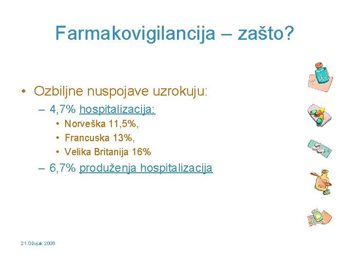 Farmakovigilancija – zašto? • Ozbiljne nuspojave uzrokuju: – 4, 7% hospitalizacija: • Norveška 11,