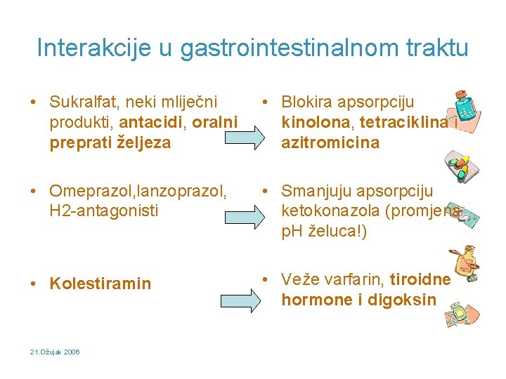 Interakcije u gastrointestinalnom traktu • Sukralfat, neki mliječni produkti, antacidi, oralni preprati željeza •