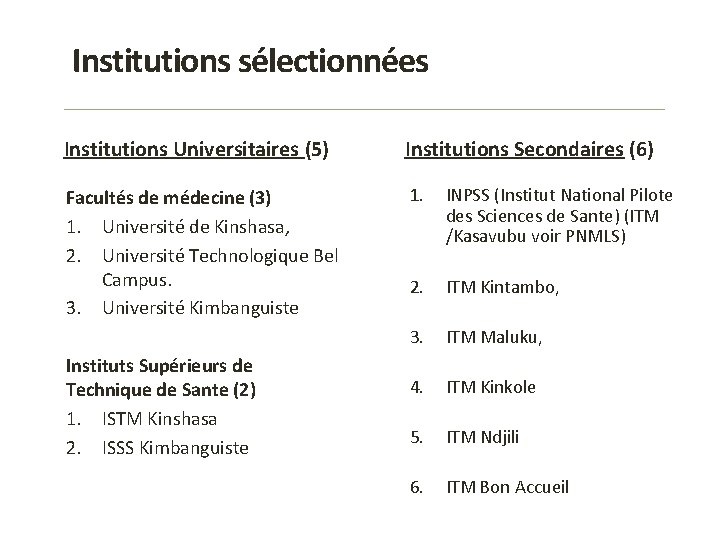 Institutions sélectionnées Institutions Universitaires (5) Institutions Secondaires (6) Facultés de médecine (3) 1. Université