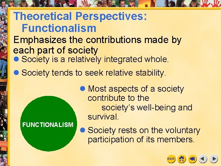 Theoretical Perspectives: Functionalism Emphasizes the contributions made by each part of society Society is