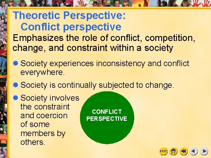Theoretic Perspective: Conflict perspective Emphasizes the role of conflict, competition, change, and constraint within