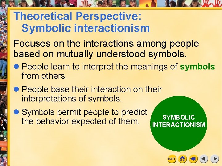 Theoretical Perspective: Symbolic interactionism Focuses on the interactions among people based on mutually understood