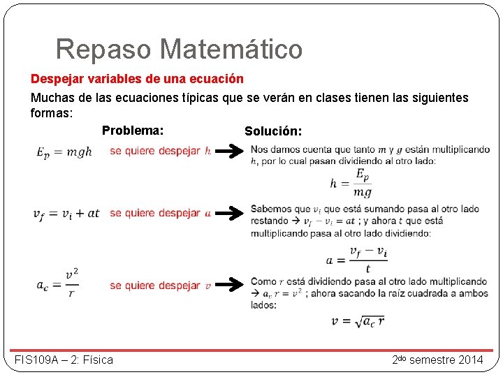 Repaso Matemático Despejar variables de una ecuación Muchas de las ecuaciones típicas que se
