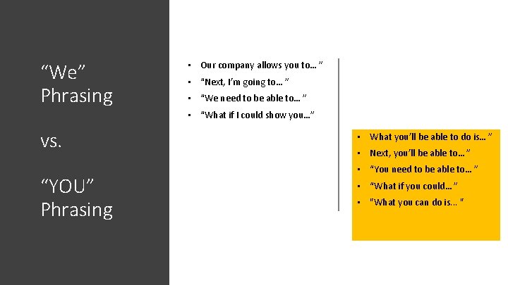 “We” Phrasing • Our company allows you to… ” • “Next, I’m going to…