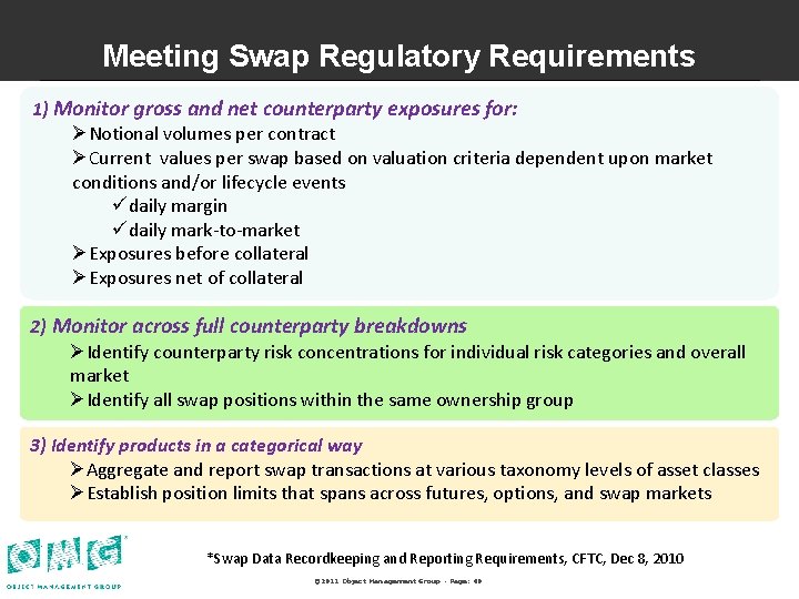 Meeting Swap Regulatory Requirements 1) Monitor gross and net counterparty exposures for: ØNotional volumes