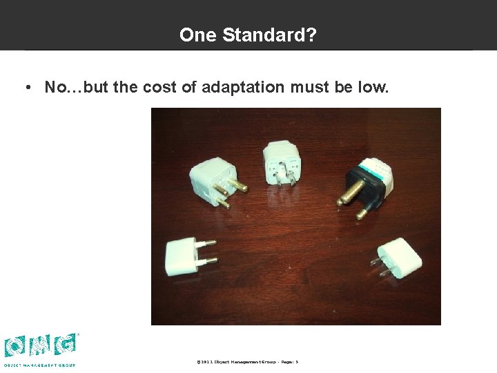 One Standard? • No…but the cost of adaptation must be low. © 2011 Object
