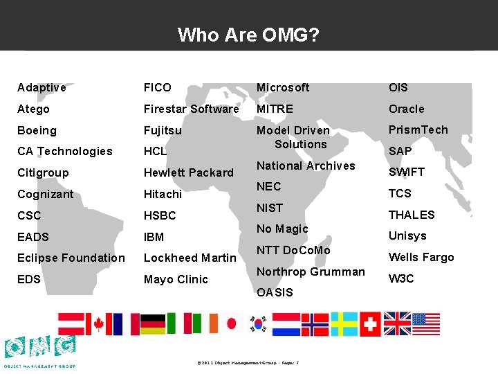 Who Are OMG? Adaptive FICO Microsoft OIS Atego Firestar Software MITRE Oracle Boeing Fujitsu