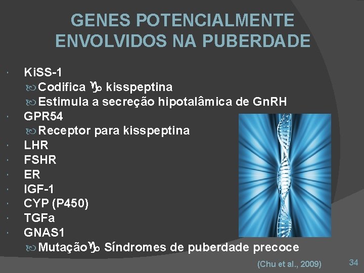 GENES POTENCIALMENTE ENVOLVIDOS NA PUBERDADE Ki. SS-1 Codifica kisspeptina Estimula a secreção hipotalâmica de