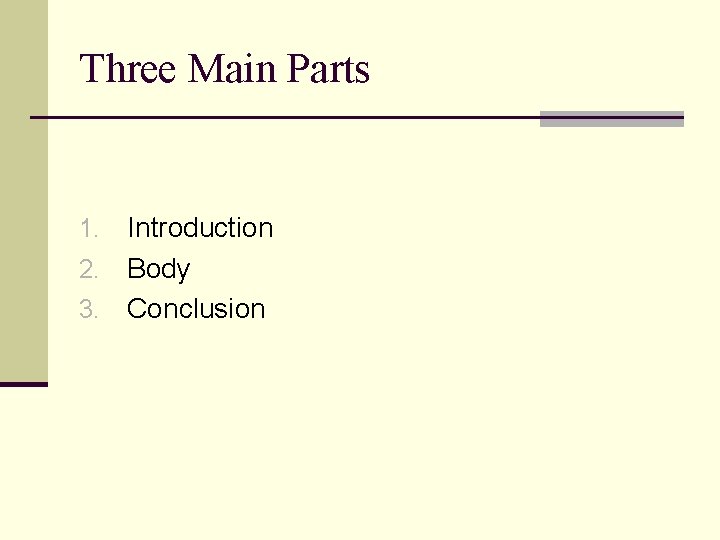 Three Main Parts Introduction 2. Body 3. Conclusion 1. 