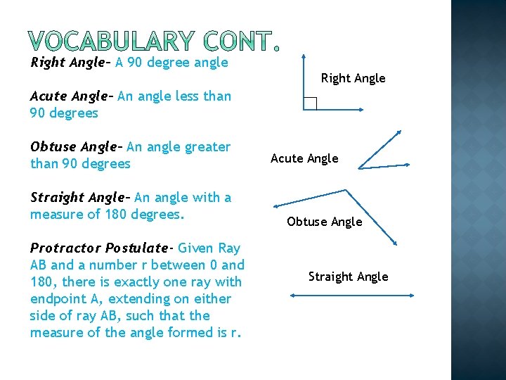 Right Angle- A 90 degree angle Acute Angle- An angle less than 90 degrees