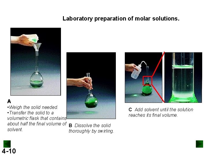 Laboratory preparation of molar solutions. A • Weigh the solid needed. • Transfer the