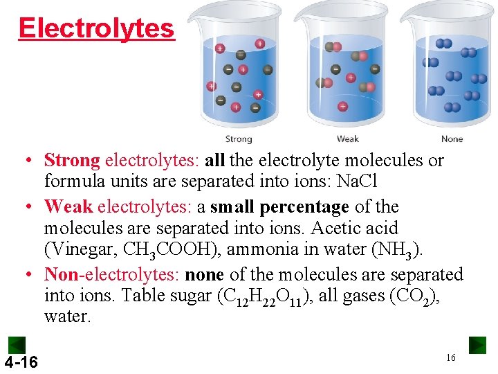 Electrolytes • Strong electrolytes: all the electrolyte molecules or formula units are separated into