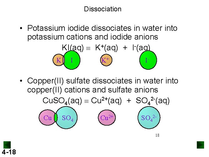 Dissociation • Potassium iodide dissociates in water into potassium cations and iodide anions KI(aq) Dissociation • Potassium iodide dissociates in water into potassium cations and iodide anions KI(aq)