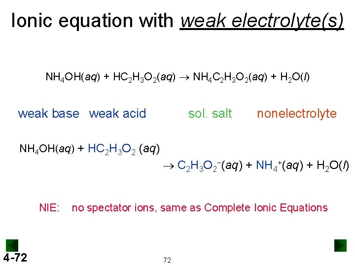 Ionic equation with weak electrolyte(s) NH 4 OH(aq) + HC 2 H 3 O