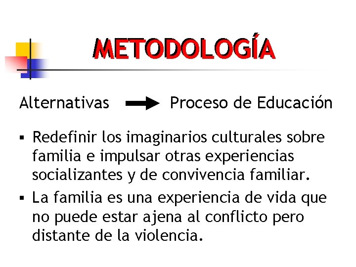 METODOLOGÍA Alternativas Proceso de Educación § Redefinir los imaginarios culturales sobre familia e impulsar