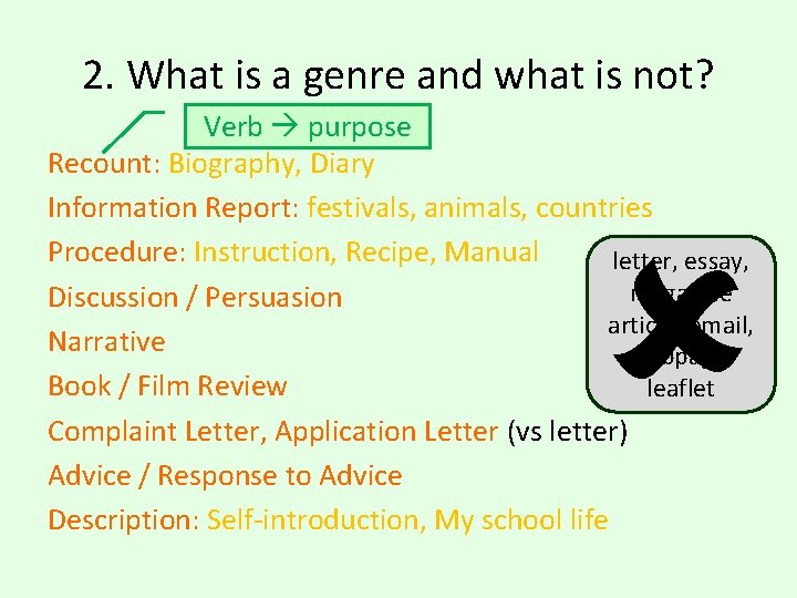 2. What is a genre and what is not? Verb purpose Recount: Biography, Diary 2. What is a genre and what is not? Verb purpose Recount: Biography, Diary