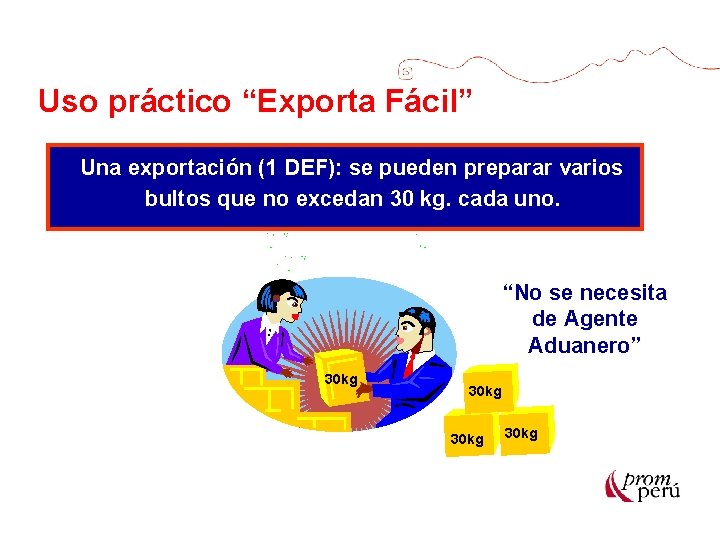 Uso práctico “Exporta Fácil” Una exportación (1 DEF): se pueden preparar varios bultos que