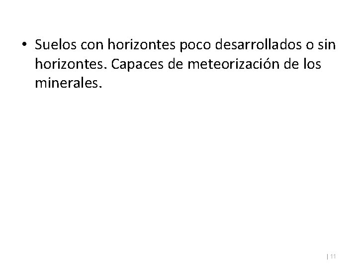  • Suelos con horizontes poco desarrollados o sin horizontes. Capaces de meteorización de