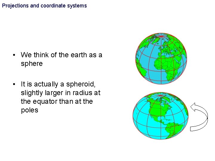 Projections and coordinate systems • We think of the earth as a sphere • Projections and coordinate systems • We think of the earth as a sphere •