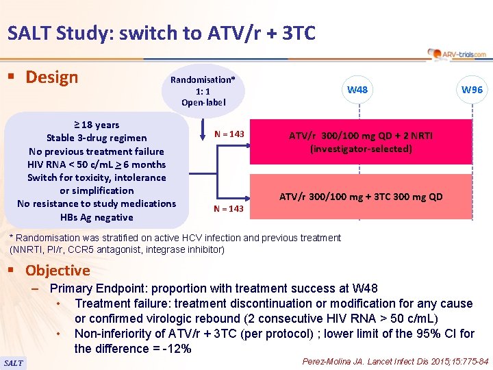 SALT Study: switch to ATV/r + 3 TC § Design Randomisation* 1: 1 Open-label