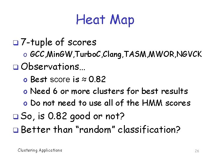 Heat Map q 7 -tuple of scores o GCC, Min. GW, Turbo. C, Clang,