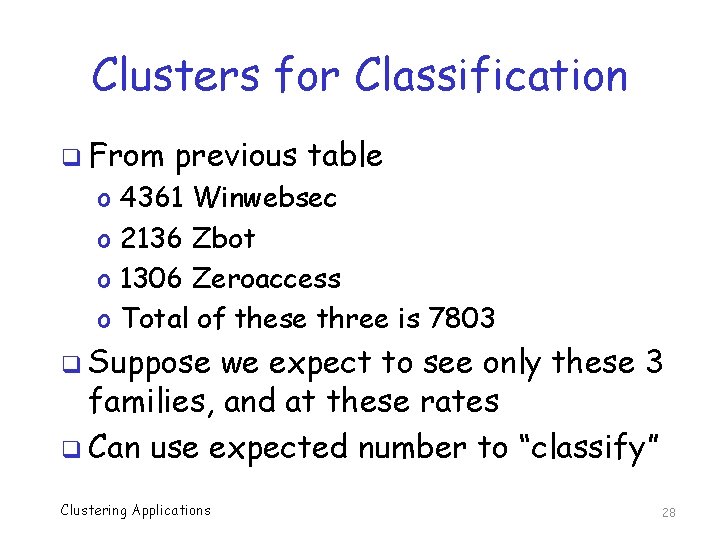 Clusters for Classification q From o o previous table 4361 Winwebsec 2136 Zbot 1306