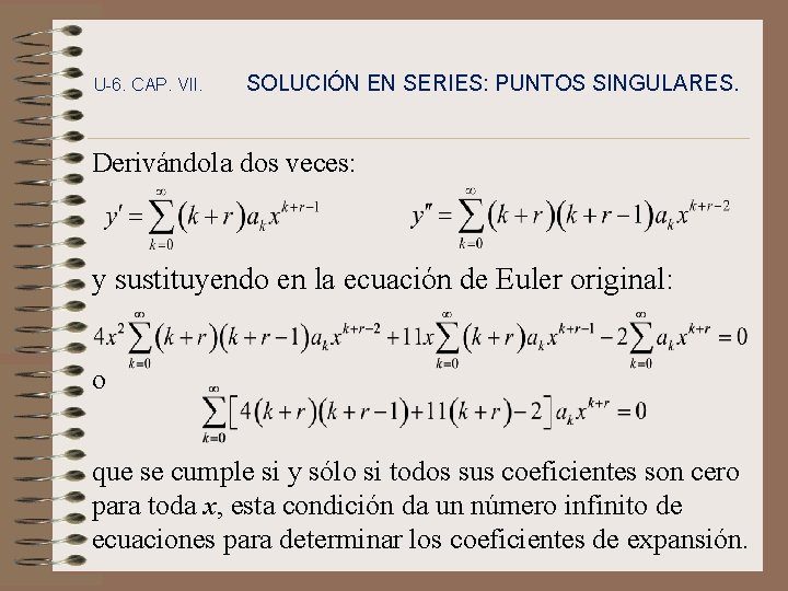 U-6. CAP. VII. SOLUCIÓN EN SERIES: PUNTOS SINGULARES. Derivándola dos veces: y sustituyendo en