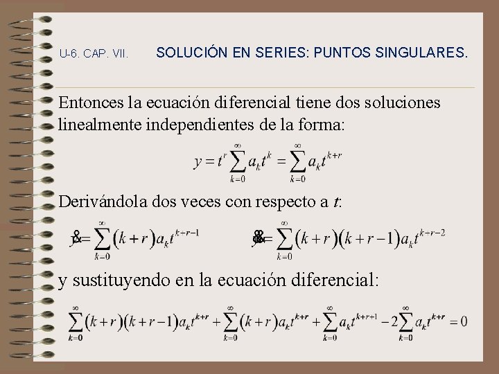 U-6. CAP. VII. SOLUCIÓN EN SERIES: PUNTOS SINGULARES. Entonces la ecuación diferencial tiene dos